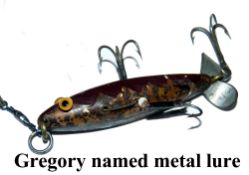 GREGORY LURE: Rare named Gregory metal hollow body lure, 2" long, twin rear large fins both