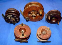 REELS: (5) Collection of 5 wood/brass Nottingham and Scarborough pattern reels, 3" to 5", one with