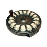 REEL: USA built birdcage pattern white metal reel with linear foot, Billinghurst style, 3.75"