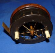 REEL: Fine Coxon Aerial wooden backed trotting reel, 4.5" diameter, 6 spoke with tension