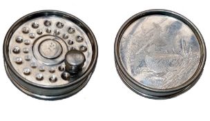 PEWTER FLASK: Pewter hip flask in the form of a fly fishing reel, 4" diameter x 1" deep, screw cap/