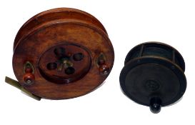 REELS: (2) Brass/Ebonite Scottish pattern salmon fly reel, 4.5" diameter, fat horn handle, smooth