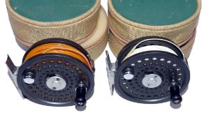 REELS (2): Pair of Orvis Battenkill 5/6 alloy bar stock fly reels, Made in England, counter balanced