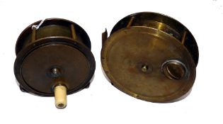 REELS: (2) Anderson of Edinburgh 4" Hercules pattern all brass salmon fly reel, white handle,