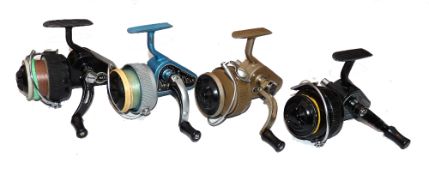 REELS: (4) Four JW Young built spinning reels, a scarce Ambidex Match reel, black finish, folding