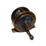 REEL: Heaton's of Birmingham all brass fishing scene reel in rare small size, 2" diameter,