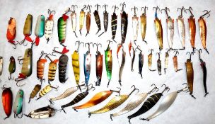 ABU LURES:(50) Collection of Abu Sweden metal baits incl. good lot of Toby lures in 7,12,1, & 20