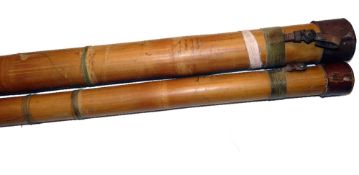 ROD TUBES: (2) Pair of early Hardy bamboo rod tubes, 51"x2" and 52"x2.5", both with leather caps,