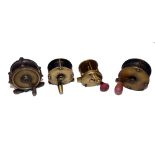 REELS: (4) Early all brass multiplying winch, 1.6" diameter, counter balanced handle, red wood knob,