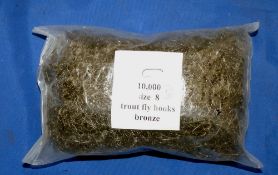 HOOKS: 10,000 size 8 trout fly hooks, bronze, down turned eye, barbed.