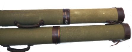 ROD TUBES: (2) Fine pair of traditional canvas/leather rod tubes, 64" and 62" long, each 4.5" OD,