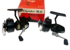 REELS: (2) Two Mitchell spinning reel variants, Olympic No 81 spinning reel, black finish, screw