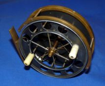 REEL: Fine early  Allcock's Aerial trotting reel with all original dark lead finish, 4.5" diameter,