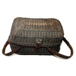 CREEL: Early French style woven reed creel, 13" x6" hinged lid, twin carry straps, light damage to