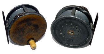 REEL: Scarce Hardy brass faced Perfect alloy wide drum fly reel, 3.25" diameter, Rod in Hand and
