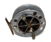 REEL: Fine early Allcock Aerial trotting reel, 4.5" diameter, wide drum 6 spoke with tension