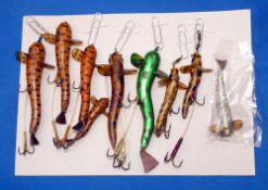 LURES :( 9) Collection of  nine Land 'em Loach lures, 2.5" to 3" body lengths, varied patterns, 8