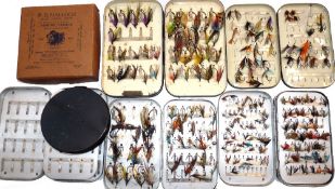 FLIES & BOXES: (7) Farlow of London fine black japanned salmon fly box, cream lacquer interior,