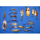 LURES: (17) Collection of early metal spinners lures incl. two saucy lady copper spoons by Midge Co,