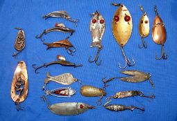 LURES: (17) Collection of early metal spinners lures incl. two saucy lady copper spoons by Midge Co,