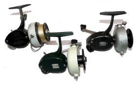 REELS: (3) Three early Abu spinning reels, a 444 black with grey finish, metal drag adjuster,