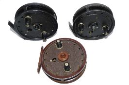 REELS (3): Three J W Young centre pin trotting reels, all with face plate adjusters and on off check