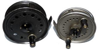 REELS: (2) JW Young Landex 3.5" alloy fly reel, twin black handles, 2 screw latch, no cracks to