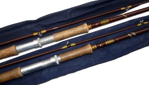 RODS: (2) Hardy Fibalite spinning rod, 9'6" 2 piece, brown blank, low bridge guides, butt ring