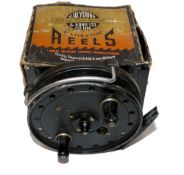 REEL: JW Young Trudex alloy trotting reel, 4" diameter, black bobble finish, face plate tension