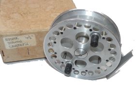 REEL: Adcock Stanton ball bearing trotting reel in as new condition, 4.5" diameter with handles,