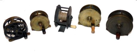 REELS: (5) Early all brass crank wind winch, 2.75" diameter wide drum, serpent handle, ivory knob, 3