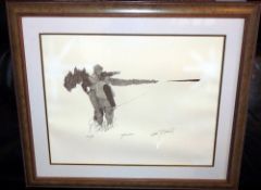 FRAMED PRINT: Limited edition frame print by Ken Kirby 1992, No.243/250, showing angler with