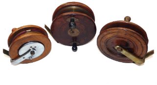 REELS: (3) Named Milward 6" mahogany/brass Nottingham sea reel, Slater drum latch, twin black