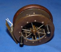 REEL: Early Coxon Aerial wood backed Aerial reel with ebonite drum, 3.5" diameter, 6 spoke, no