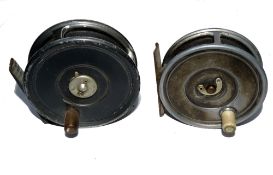 REELS: (2) Early Hardy Uniqua 2 7/8" alloy trout fly reel, crazed white handle, U shaped line guide,