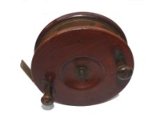 REEL: Fine Heaton's Patent 6" mahogany/brass star back sea reel, twin horn handles, brass wing