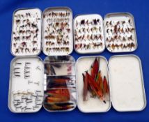 FLIES & BOXES: (4) Four Wheatly alloy fly pocket  boxes, two with central swing leaves holding a