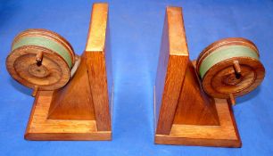 BOOK ENDS: Pair of handmade fishing reel oak wood ends by Thornton-Smith, Sussex, England, each