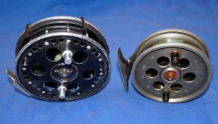 REELS: (2) Early Stanton 4" leaded alloy Centrepin reel, central nut, twin black handles,