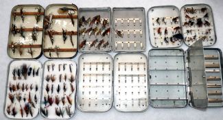 FLY BOXES: (6) Chas. Farlow London black japanned salmon fly box, 6"x3.75", containing 15 gut eyed