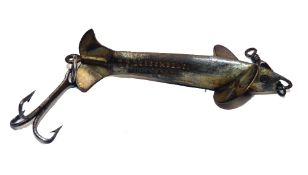 LURES: Early Luscombe Allahabad hollow body metal bait, 2.5" body, side stamped with makers details,