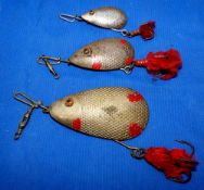 LURES: (3) Set of three Allcock's glass eyes spoons, 1.5" to 3" blades, all with red painted