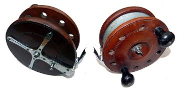 REEL: Scarce mahogany/nickel plated brass big game Nottingham reel, 7" diameter, twin bulbous