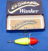 LURE: Special edition Godagley Wanker bass lure, 3.5", red/yellow bait, metal props, unused with