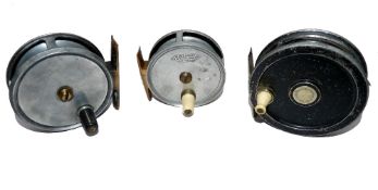 REELS (3): Ogden Smith Exchequer narrow drum dry fly reel, 3.5" diameter, ivorine handle,