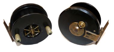 REEL: Allcock Sea Aerial reel, 4" diameter black Bakelite, wide drum, twin crazed handles, 6 spoke
