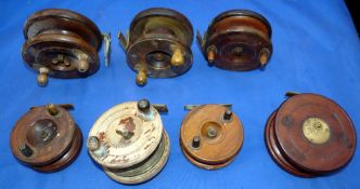 REELS: (7) Collection of seven Nottingham star back reels, sizes 3.5" to 4.5", one with Slater