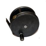 REEL: Fine Hardy Perfect 3-1/2" wide drum alloy fly reel. Dup Mk2 check, black handle, rim tension