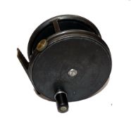 REEL: Fine Hardy Perfect 3-1/2" wide drum alloy fly reel. Dup Mk2 check, black handle, rim tension