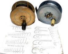 REELS: & HOOK SCALE: (3) PD Malloch of Perth 4" all brass salmon fly reel, shield logo to face,